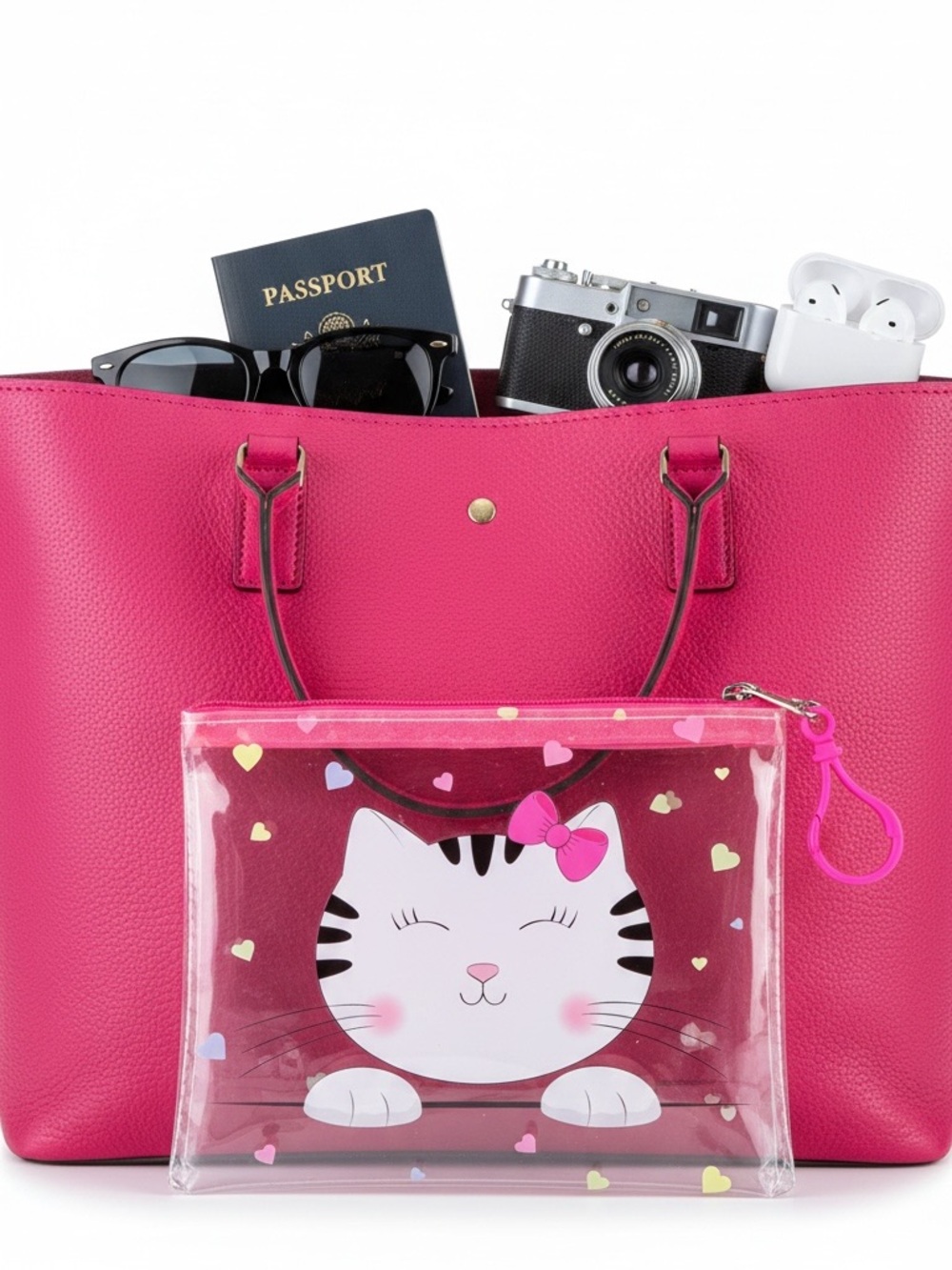 Black & White Cat Pink Bow Coquette Girl Multicolor Heart 6" Makeup Cosmetic Bag